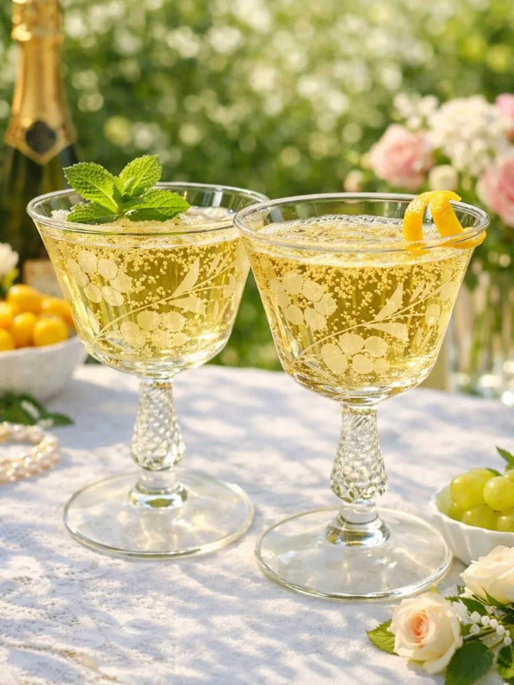 Set of 4 Etched Floral Fine Glass Coupes - Stemmed Baluster Twist